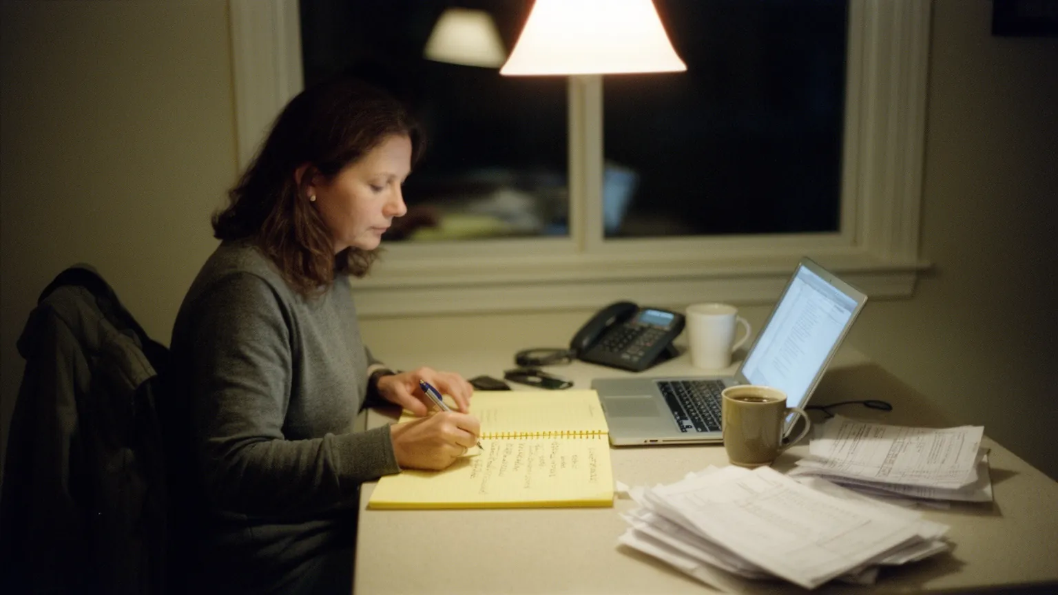 Home-service business owner writing a lead follow-up list at her kitchen table at night