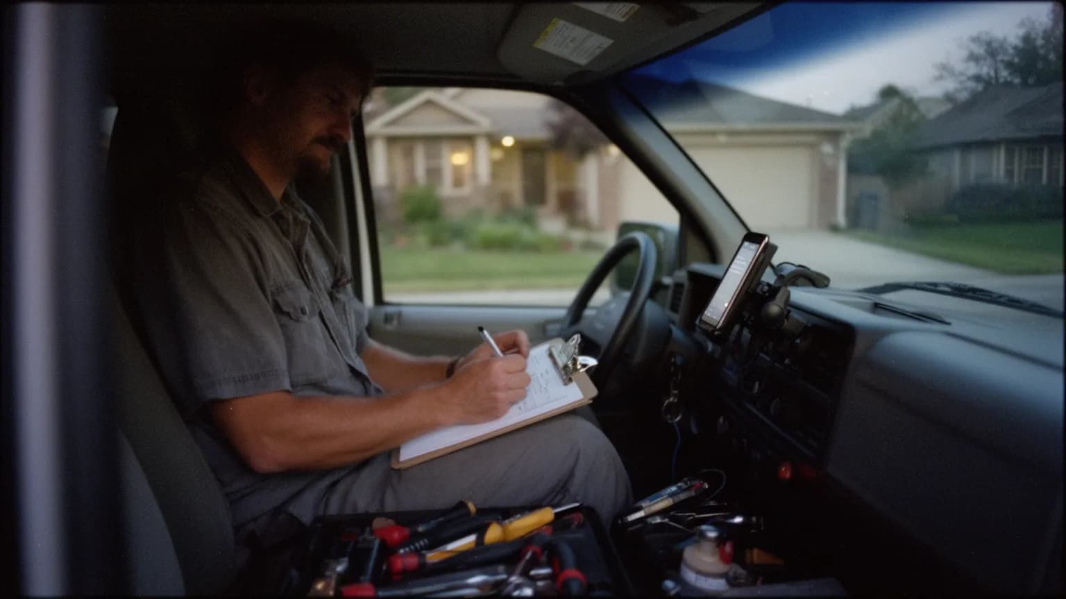 Plumber in his work van at dusk writing up a job on a clipboard while his phone rings on the dashboard mount