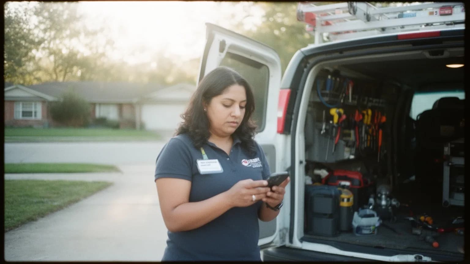 Owner of a small plumbing company by her work van reading a new customer call on her phone
