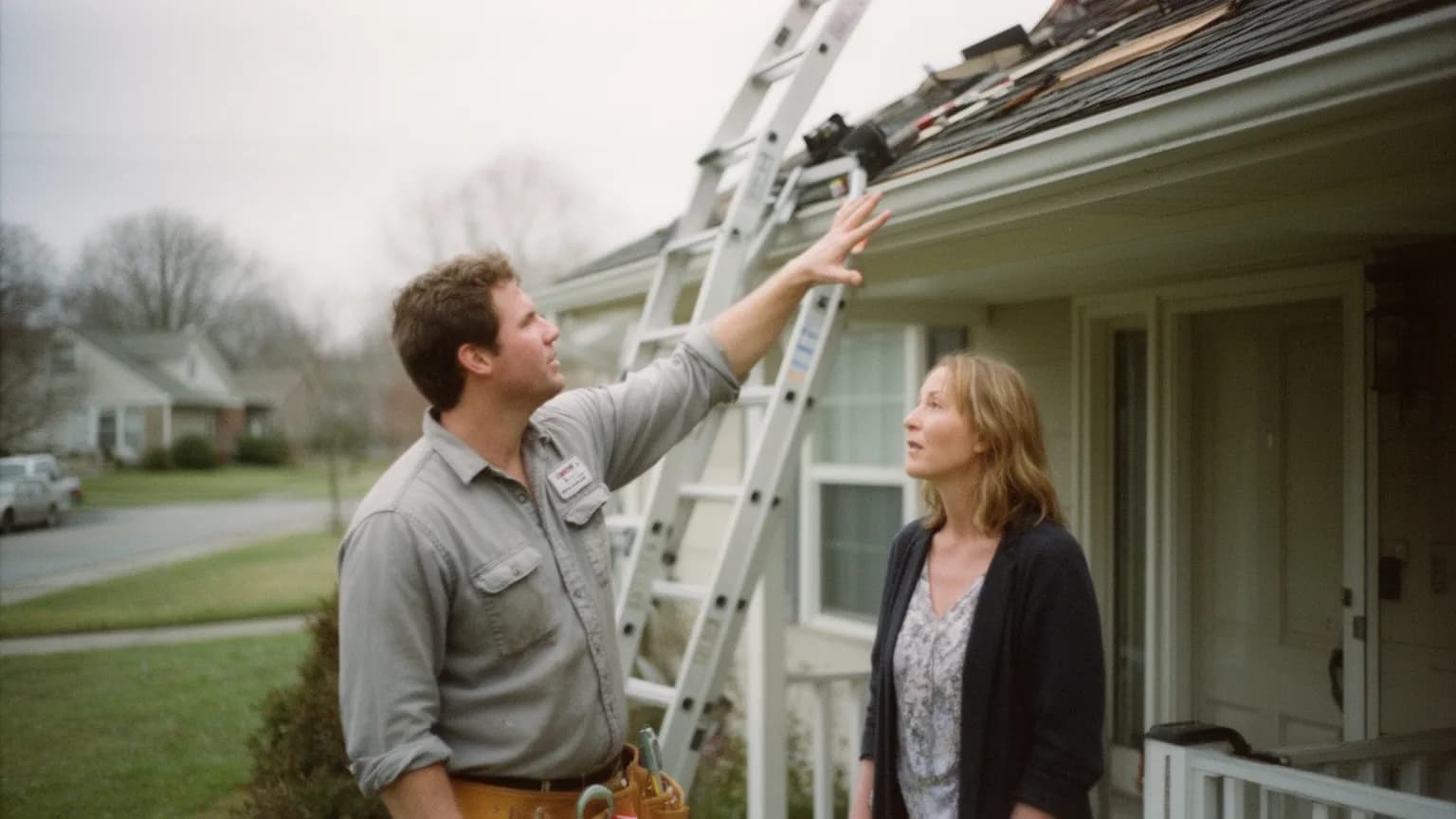 Roofer talking with a homeowner on her front porch and pointing up at her roof, a ladder against the house