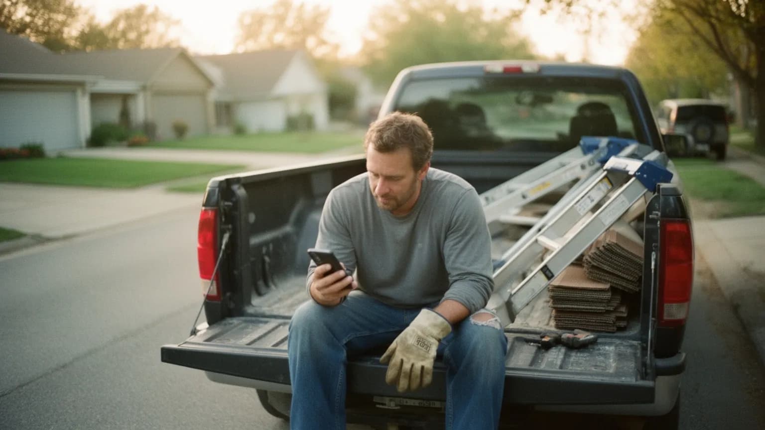 Roofing contractor sitting on his truck tailgate at the end of the day, checking his phone
