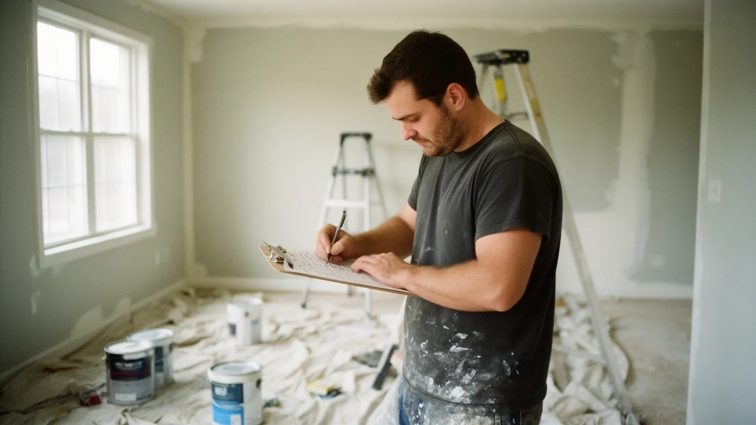 Remodeling contractor working out job numbers on a clipboard in a client home