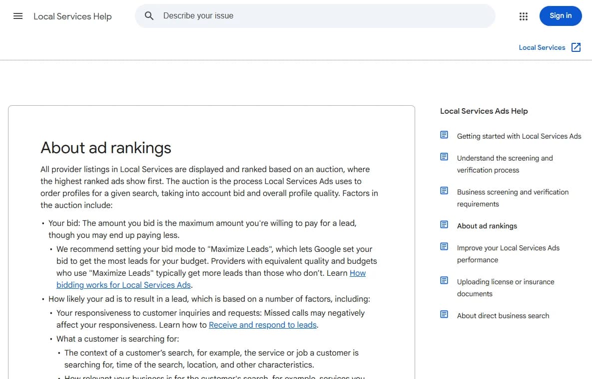 Google Local Services Help page About ad rankings, listing your bid and responsiveness, with the line Missed calls may negatively affect your responsiveness