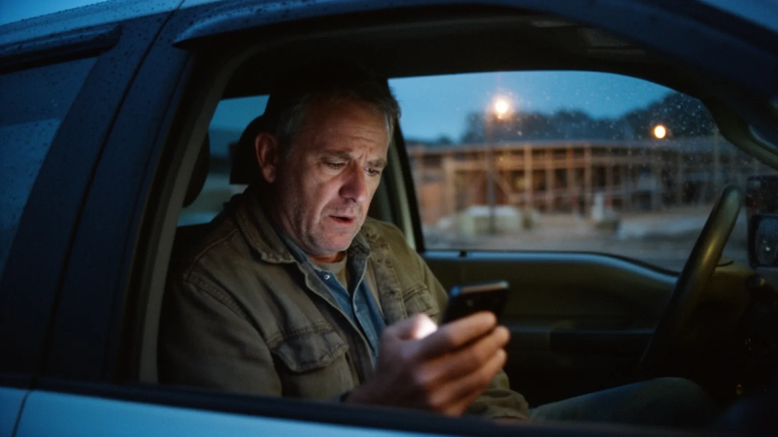 Contractor in his pickup truck at dusk checking his phone after a long day on the job