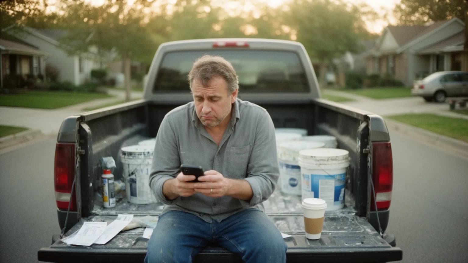 House painter sitting on the tailgate of his pickup looking doubtfully at his phone, a receipt and coffee beside him