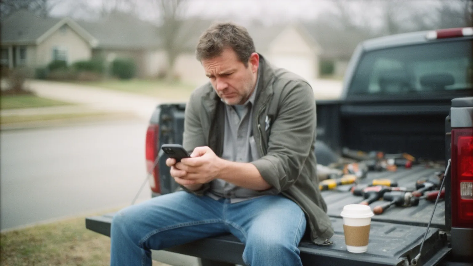 Contractor on his truck tailgate checking his phone for a reply from a lead