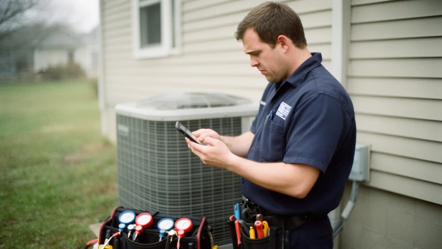 HVAC technician next to an outdoor AC unit, reading a new job request on his phone