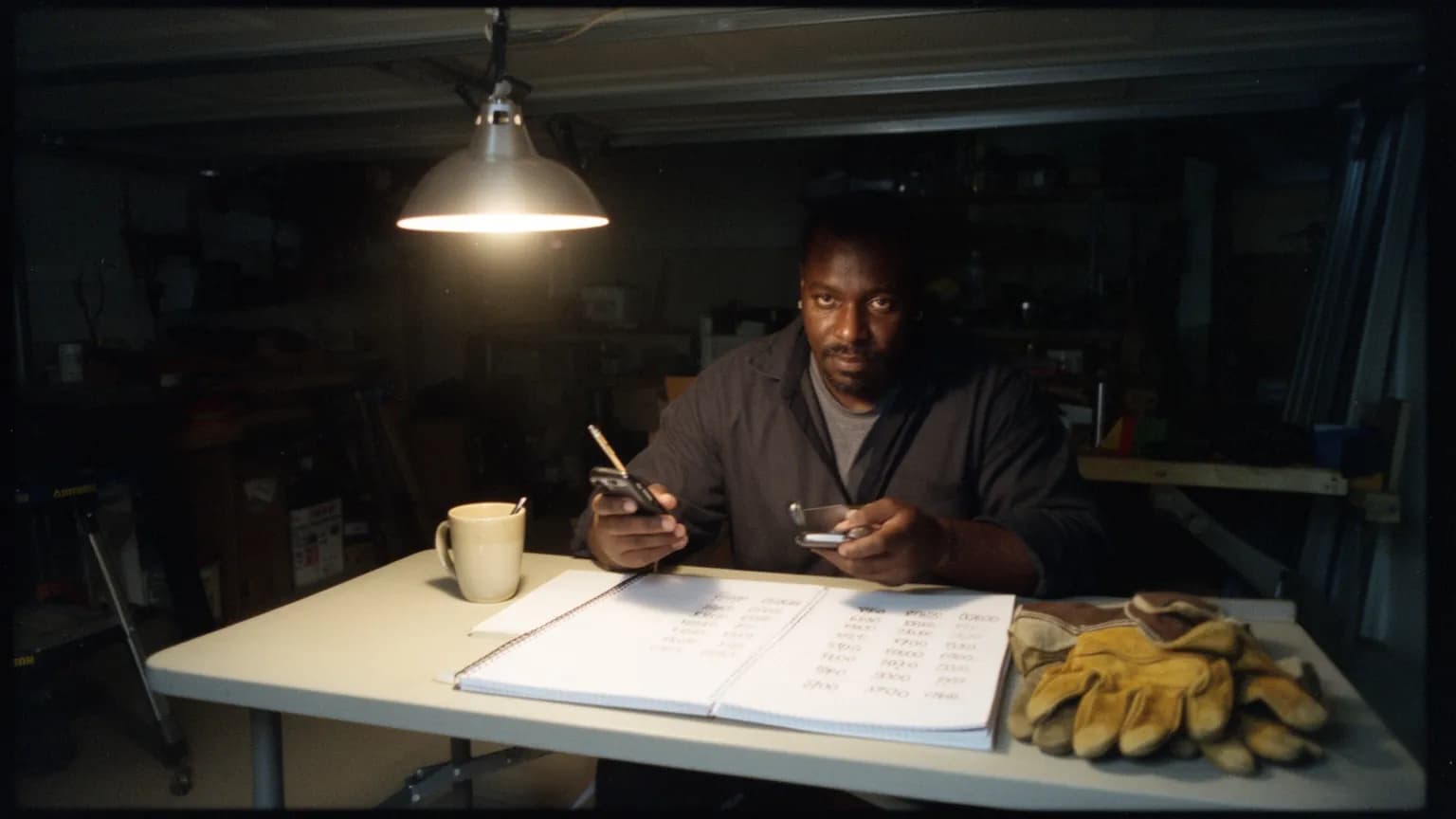 Contractor at a folding table in his garage at night with a phone in each hand and a notebook of handwritten numbers
