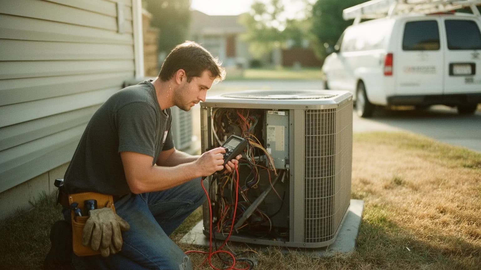 HVAC technician testing the wiring of an outdoor air conditioner condenser with a multimeter on a hot afternoon