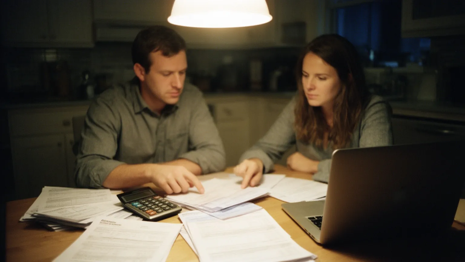 Contractor couple at the kitchen table going over monthly business costs