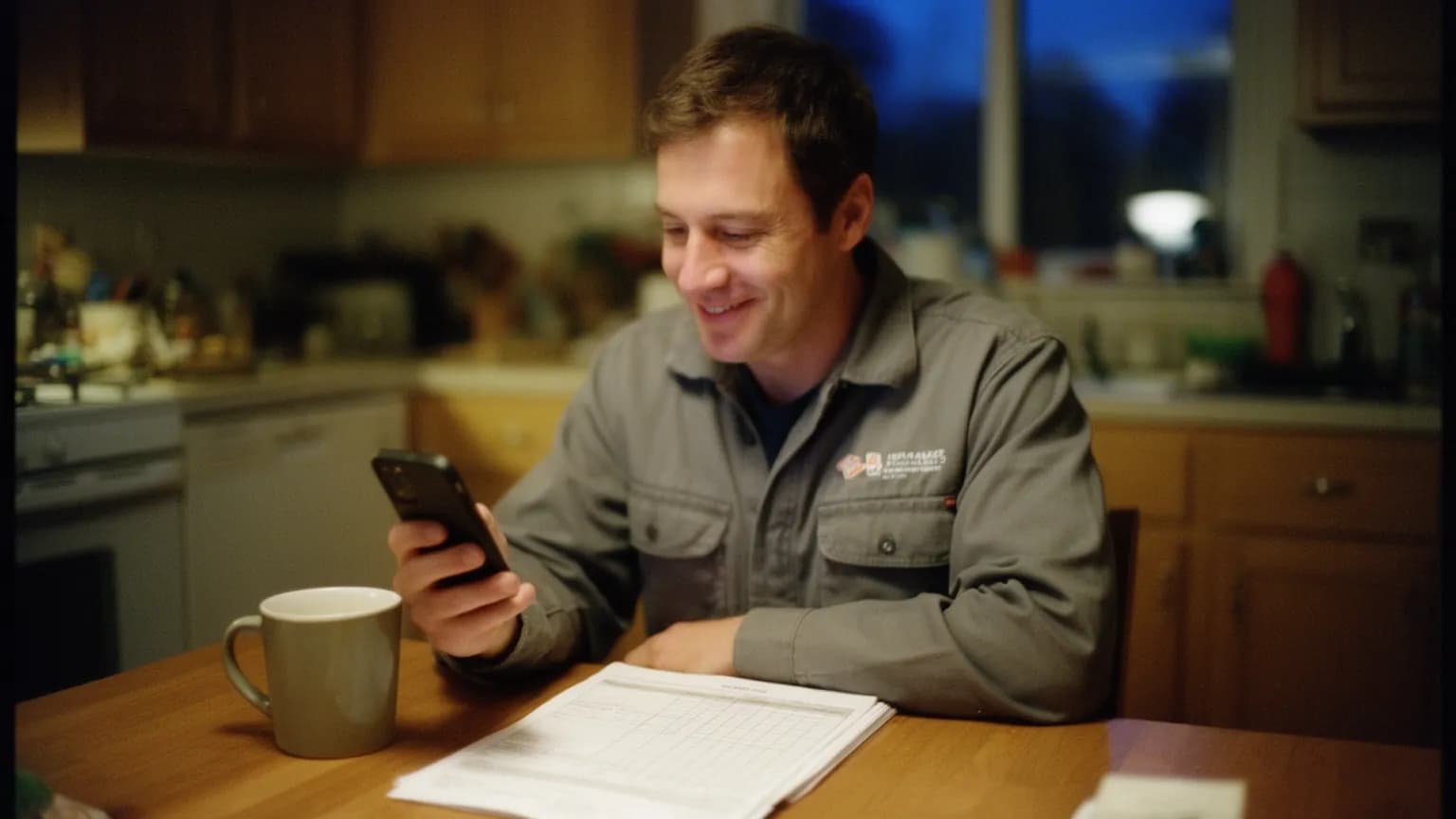 Owner of a small plumbing company at his kitchen table in the evening, smiling at a new booking on his phone