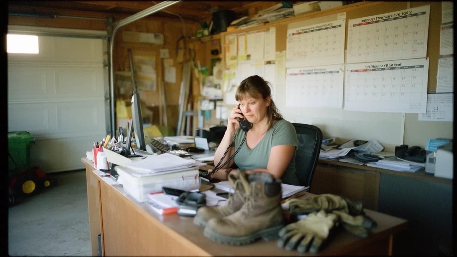 Owner of a small landscaping business answering her phone at a cluttered desk in a converted garage office