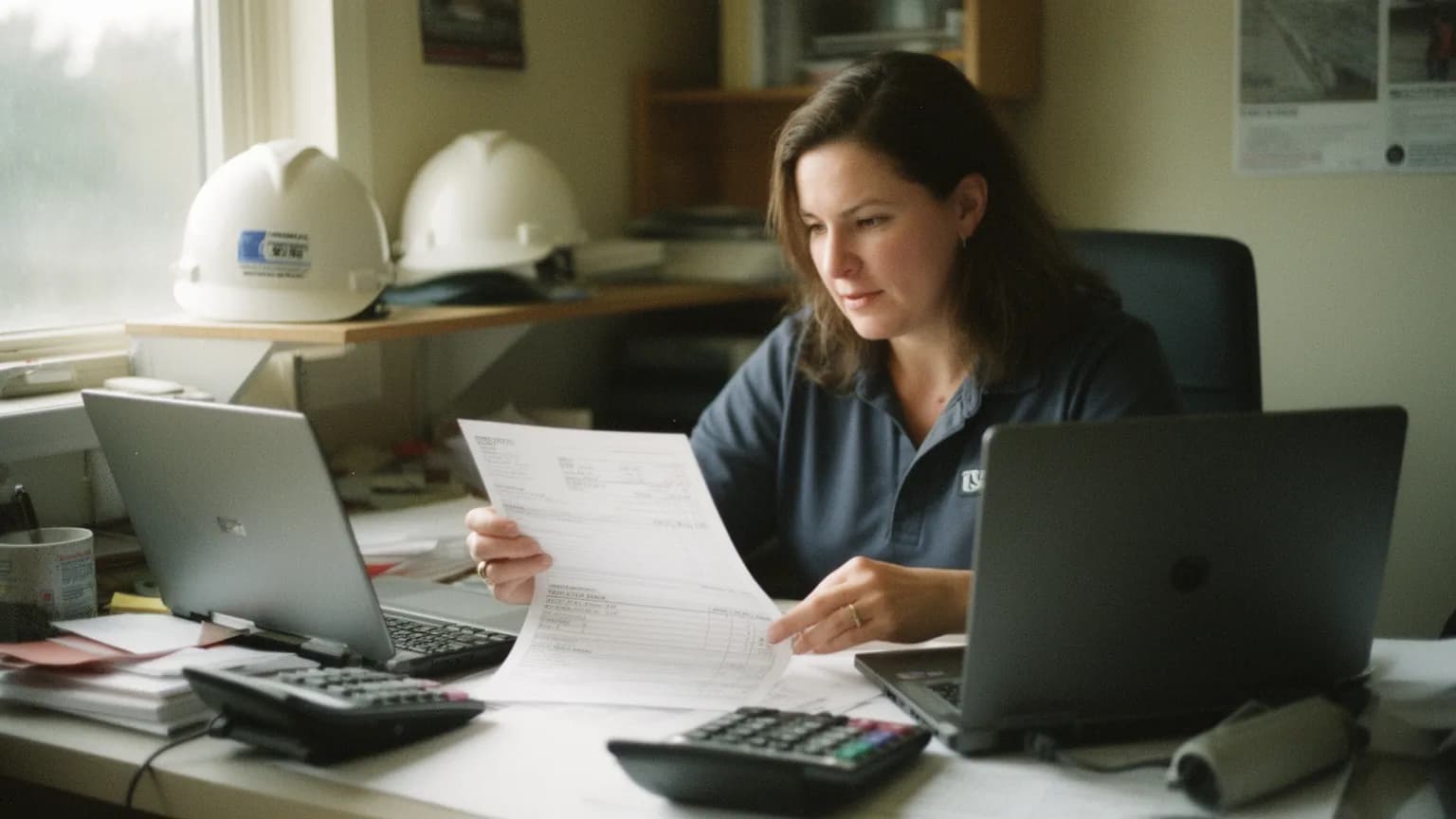 Owner of a small roofing company at her office desk comparing a printed invoice with her laptop, calculator beside her
