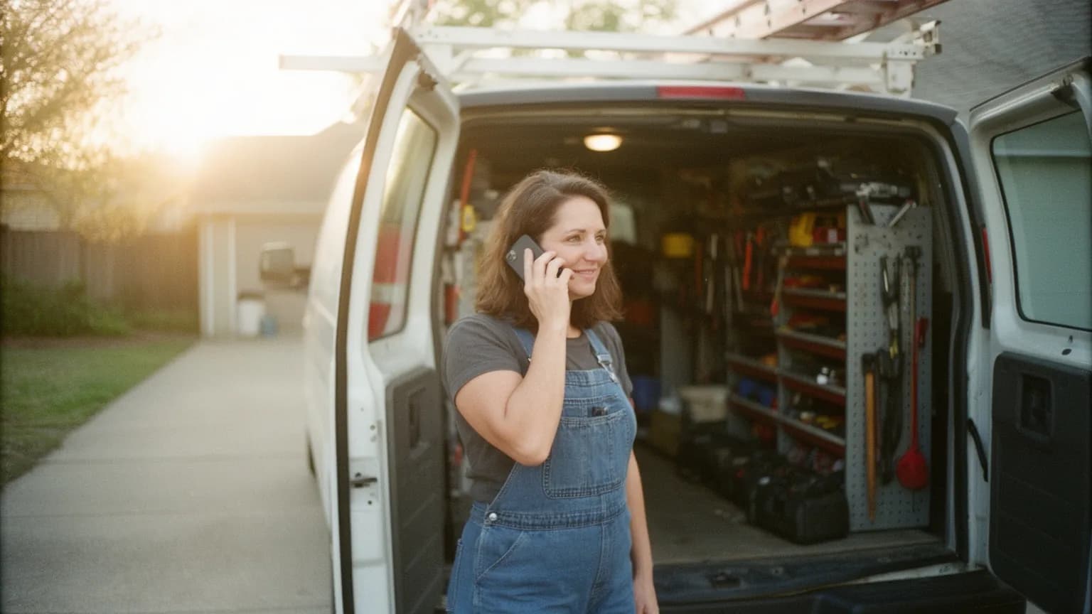 HVAC business owner on a phone call beside her open work van