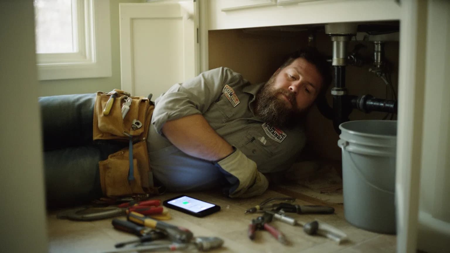 Bearded plumber lying under a kitchen sink while his phone lights up with a call on the floor beside him