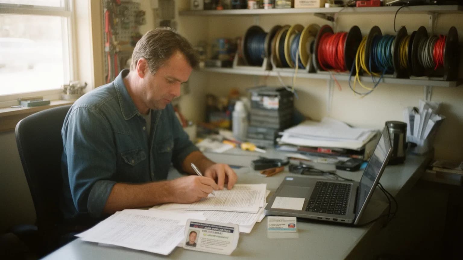 Electrician at a workbench in his shop office filling out paperwork beside his license card and a laptop