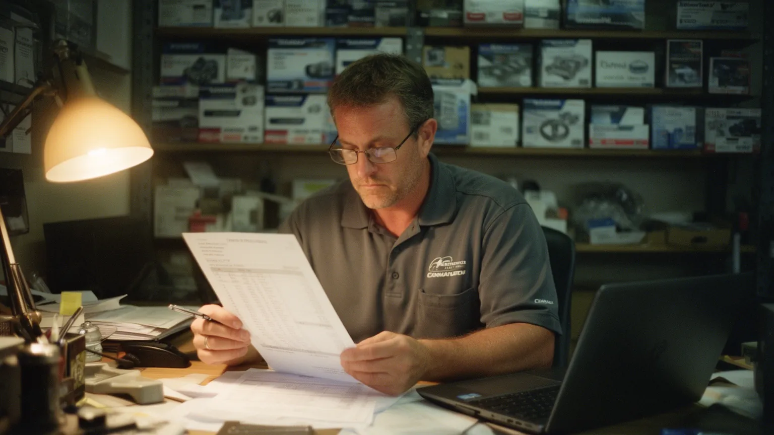 HVAC company owner at a small office desk going over the month's advertising costs
