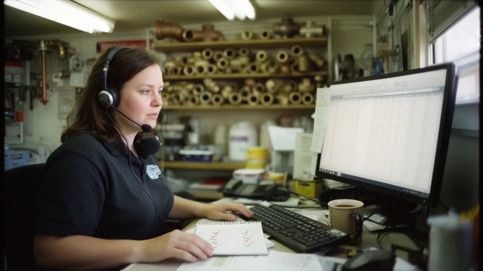 Plumbing office manager reviewing the call log at her desk