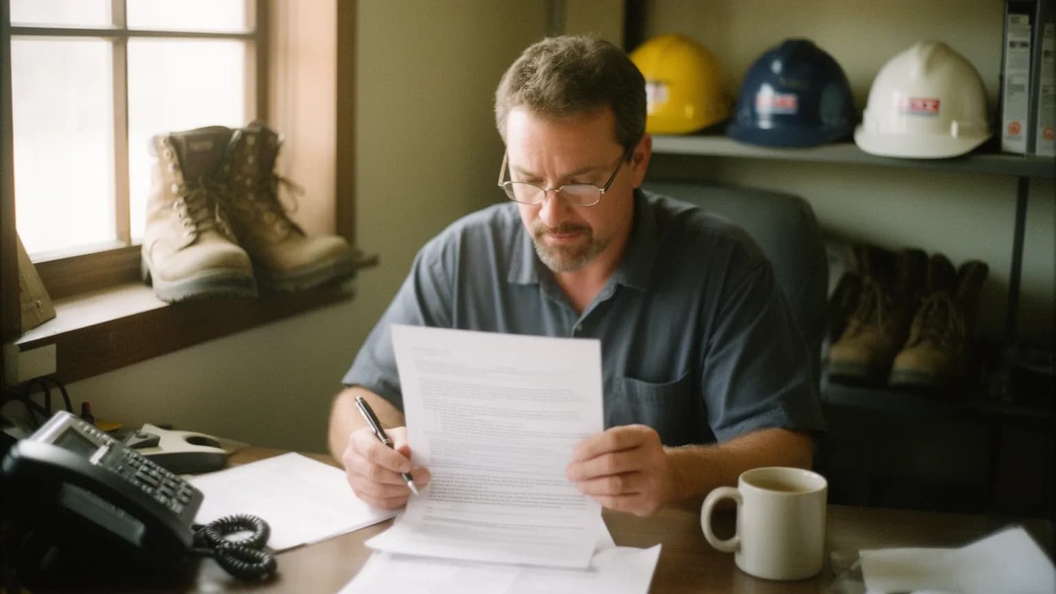 Contractor at his office desk reading through a printed agreement