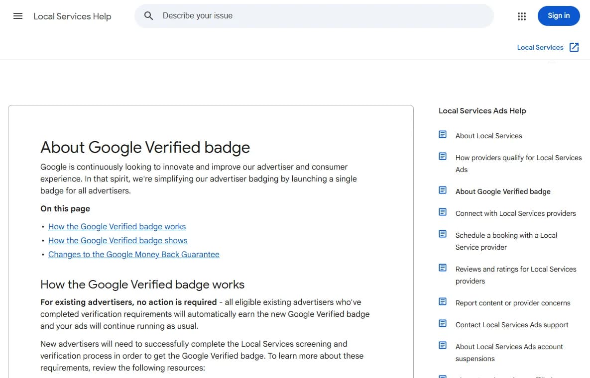 Google Local Services Help page titled About Google Verified badge, saying Google is launching a single badge for all advertisers