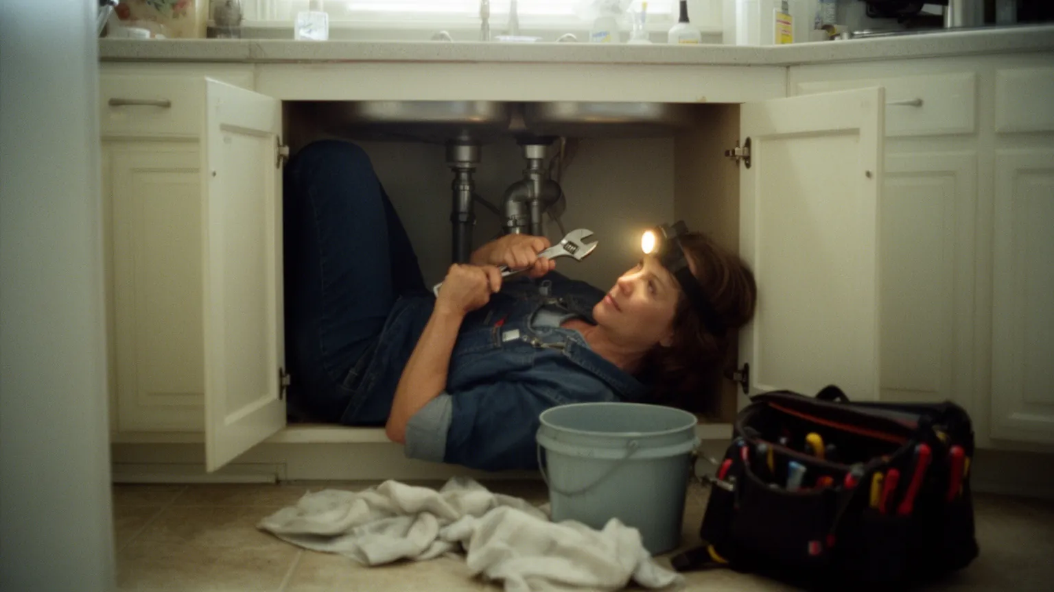 Plumber with a headlamp lying under a kitchen sink tightening a pipe fitting with a wrench