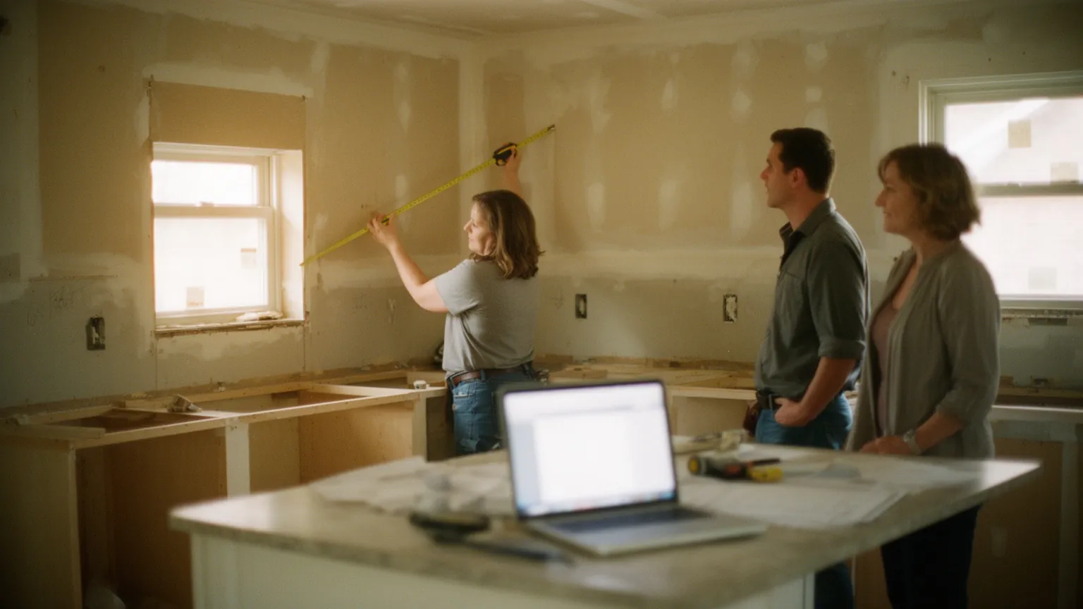 Remodeling contractor measuring a kitchen wall while the homeowners watch