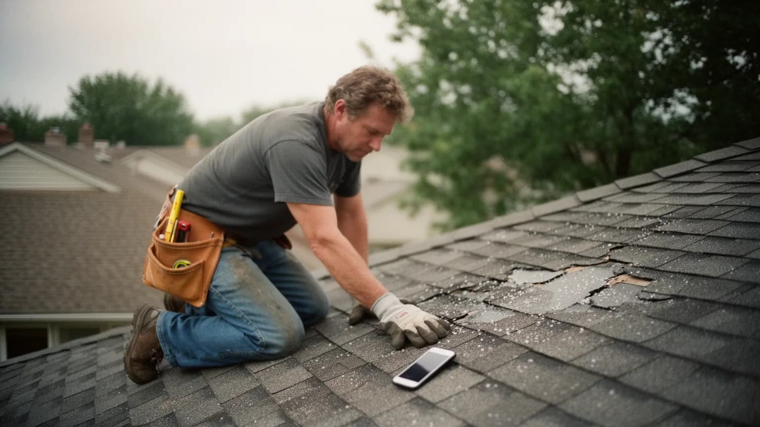 Roofer kneeling on an asphalt shingle roof inspecting hail damage, phone beside him on the shingles