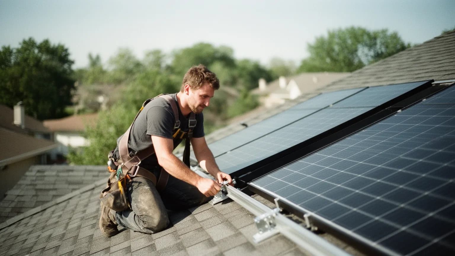 Solar installer on a suburban roof bolting a mounting rail next to newly installed panels