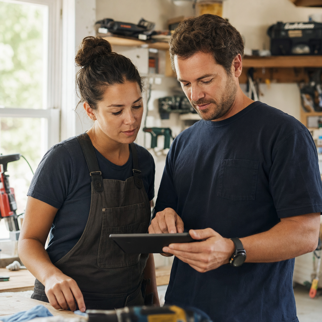 A small home-services team reviewing a job schedule together on a tablet