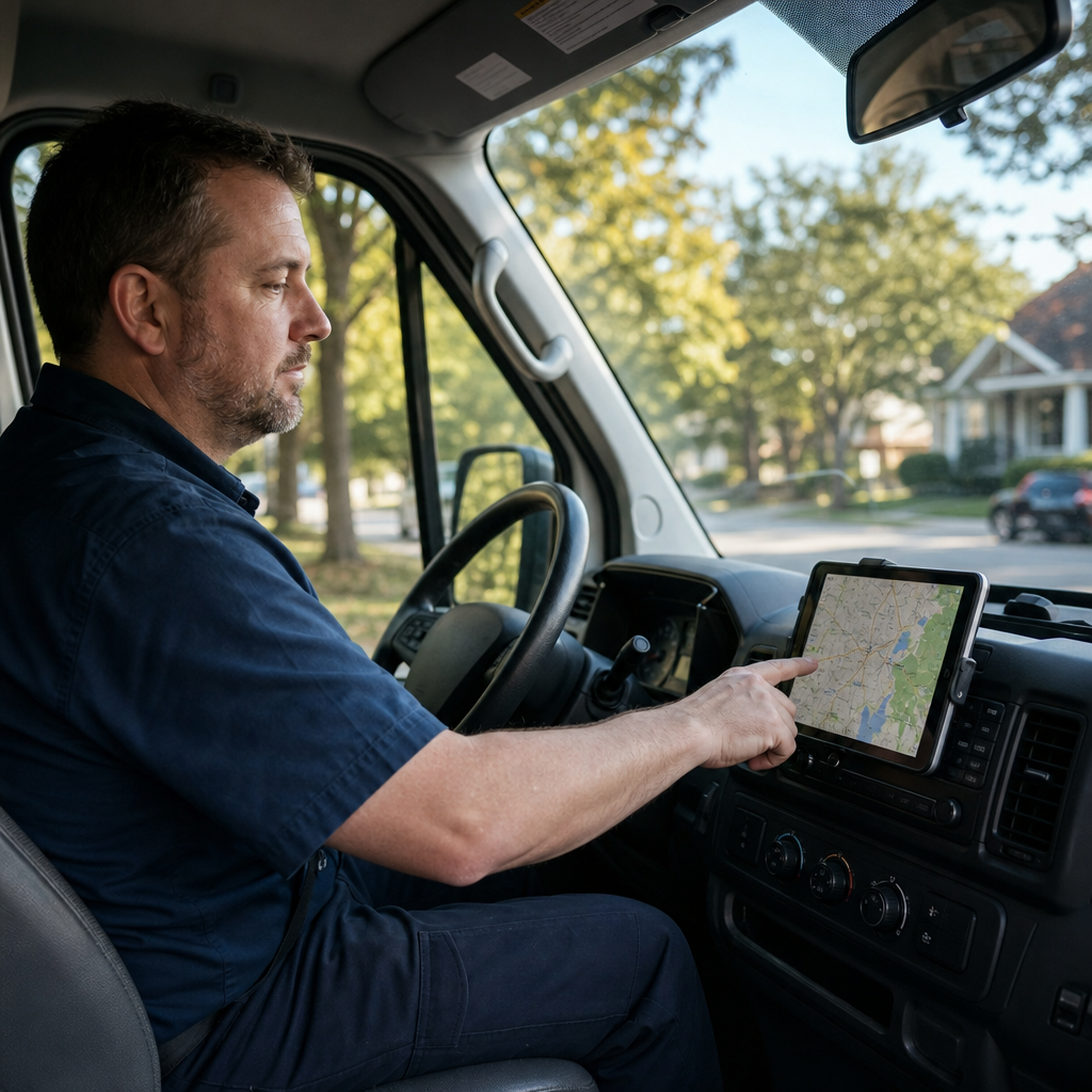 Technician checking his route on a dashboard tablet inside a service van