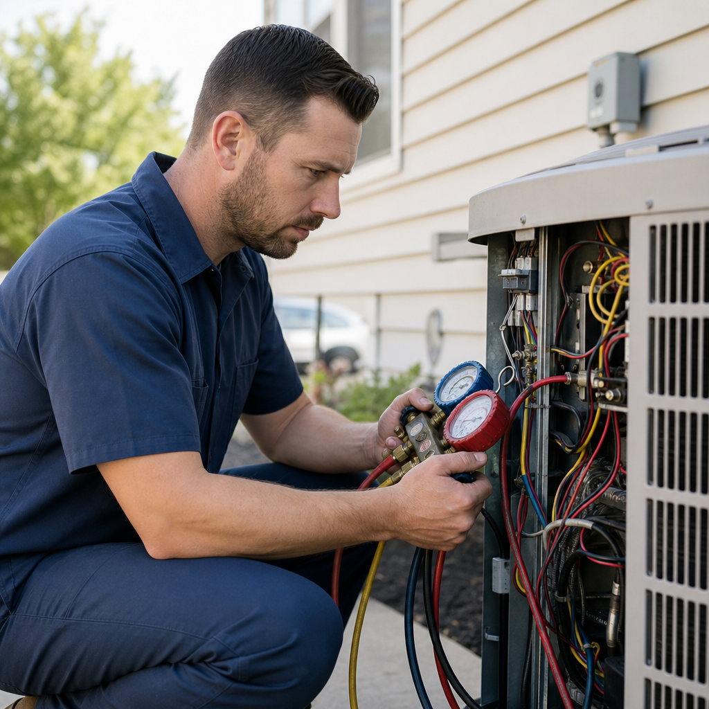 HVAC technician servicing an outdoor air-conditioning unit with gauges